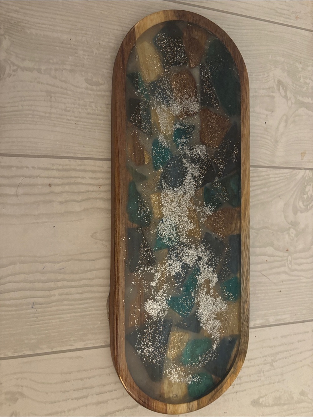 Handcrafted Teal and Gold Resin Wood Wall Art